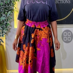 The Royalty Two-Piece Set – Vintage Graphic Tee & Magenta-Orange Damask Asymmetric Skirt