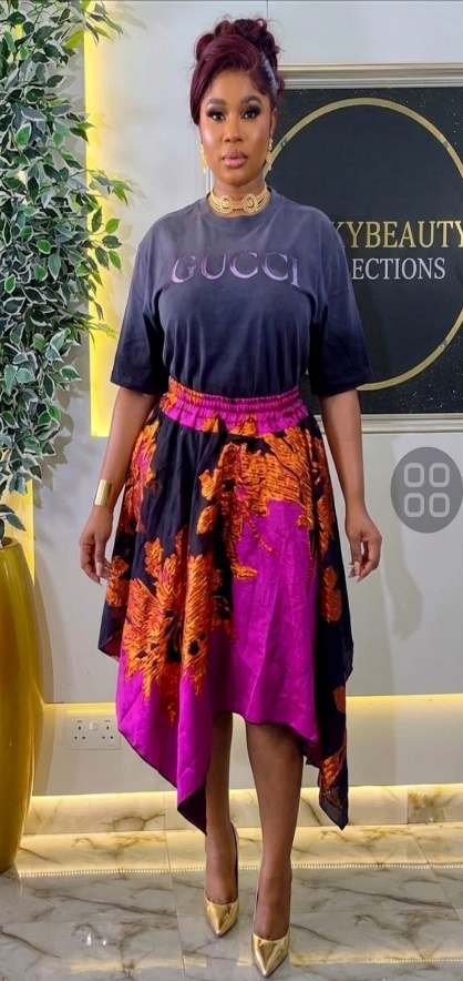 The Royalty Two-Piece Set – Vintage Graphic Tee & Magenta-Orange Damask Asymmetric Skirt