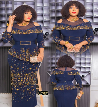 The Regal Navy Blue Crystal-Embellished Peplum Midi Dress