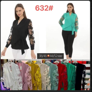 Style 632# Sheer Embroidered Sleeve Wrap Peplum Blouse
