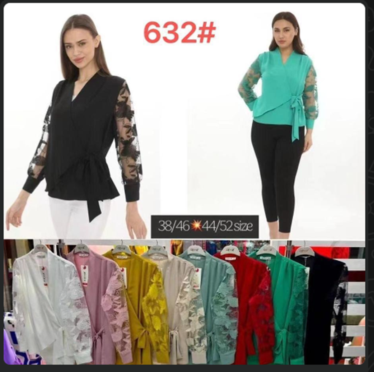 Style 632# Sheer Embroidered Sleeve Wrap Peplum Blouse