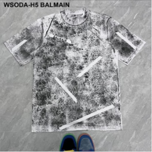 BALMAIN Men's Acid Mineral Wash Tape Detail Graphic Crewneck T-Shirt (WSODA-H5)