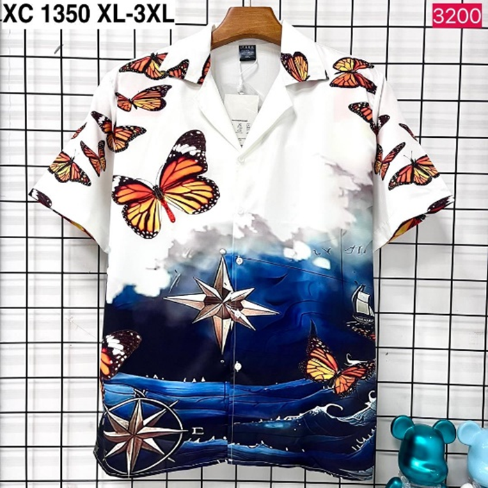 Men's Monarch Butterfly & Nautical Compass Short-Sleeve Camp Collar Shirt (XC 1350)