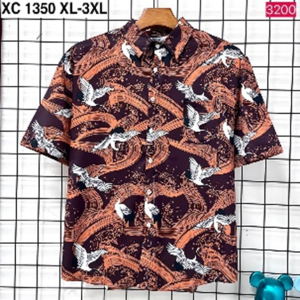 Men's Flying Crane & Wave Print Short-Sleeve Button-Down Shirt (XC 1350)