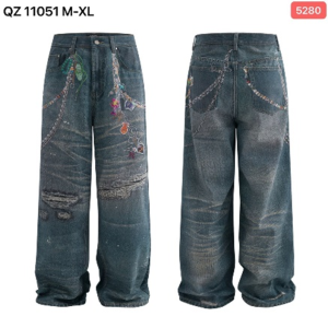 CHOIZE Men's Baggy Distressed Chain & Charm Print Wide-Leg Jeans (QZ 11051)