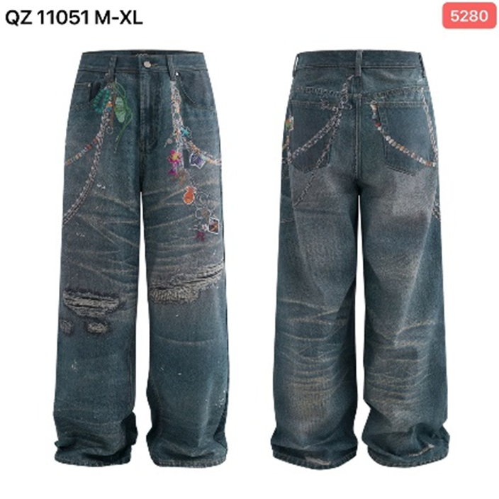 CHOIZE Men's Baggy Distressed Chain & Charm Print Wide-Leg Jeans (QZ 11051)