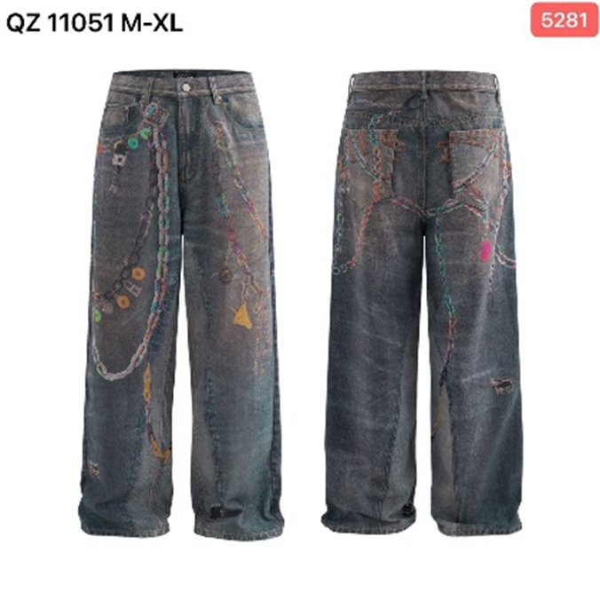 CHOIZE Men's Washed Mud-Tint Chain Graphic Baggy Wide-Leg Jeans (QZ 11051 / 5281)