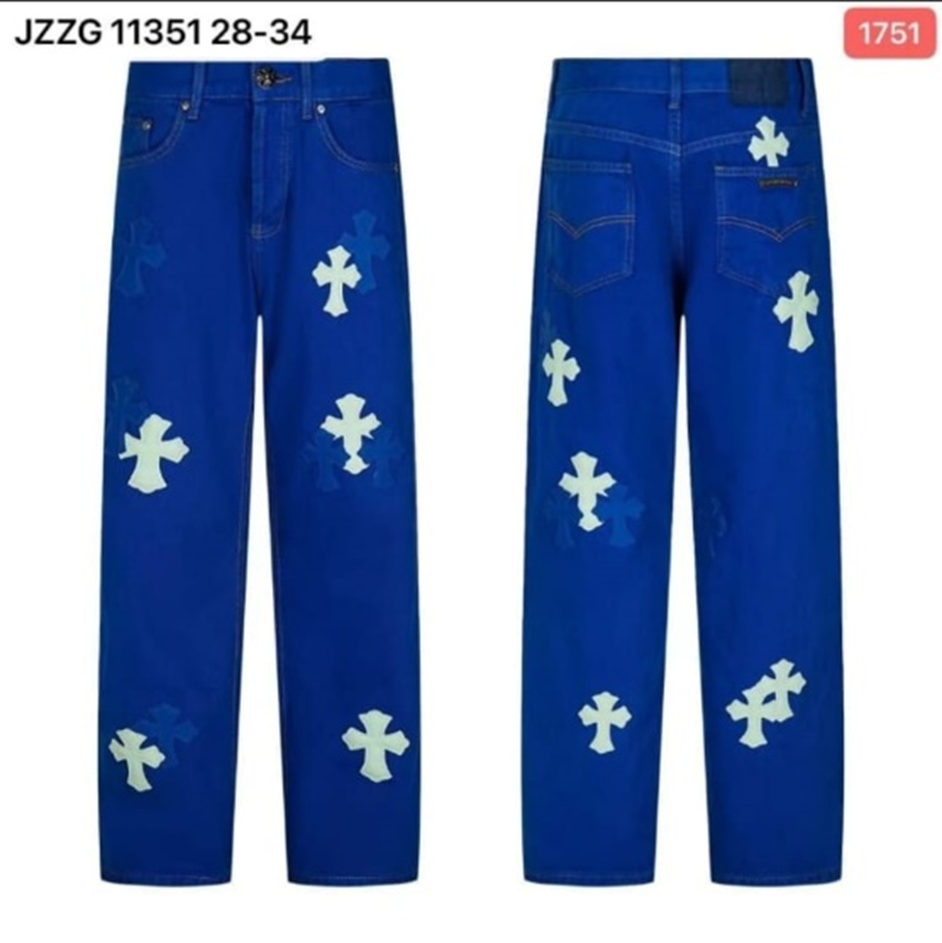 CROWN JEANS Men's Royal Blue Gothic Leather Cross Patch Straight-Leg Jeans (JZZG 11351 / 1751)