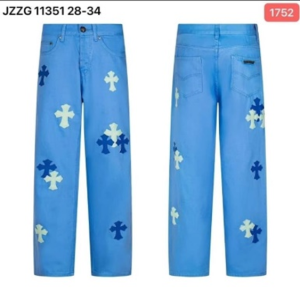 CROWN JEANS Men's Sky Blue Gothic Multi-Cross Patch Straight-Leg Jeans (JZZG 11351 / 1752)