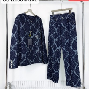 Marque L. Vuitton Men's Pixelated Damier Camo Denim Collarless Jacket & Pants 2-Piece Set (GG 12958 / H844#H843)