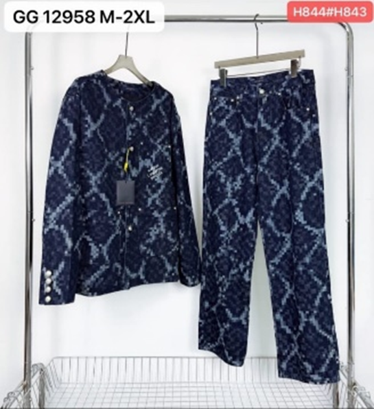 Marque L. Vuitton Men's Pixelated Damier Camo Denim Collarless Jacket & Pants 2-Piece Set (GG 12958 / H844#H843)
